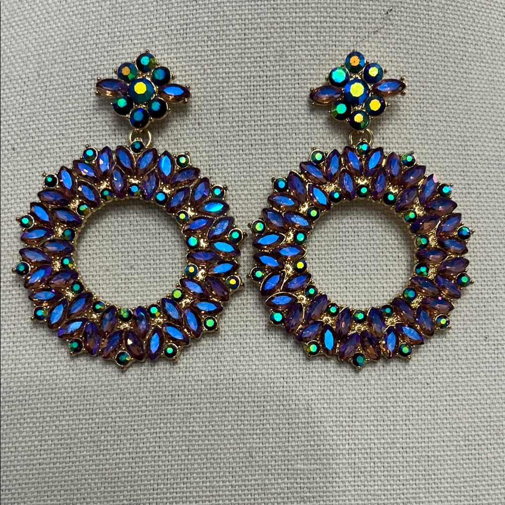 Blue Crystal Rhinestone Flower Leaf Round Stud Earrings - Picture 2 of 6
